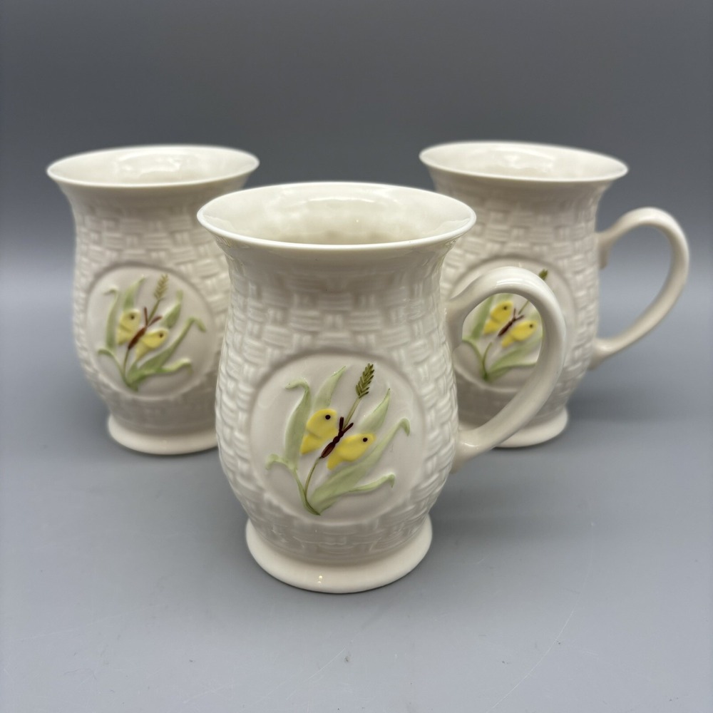 Belleek Ireland Summer Yellow Butterfly Mugs Set‎ of 3